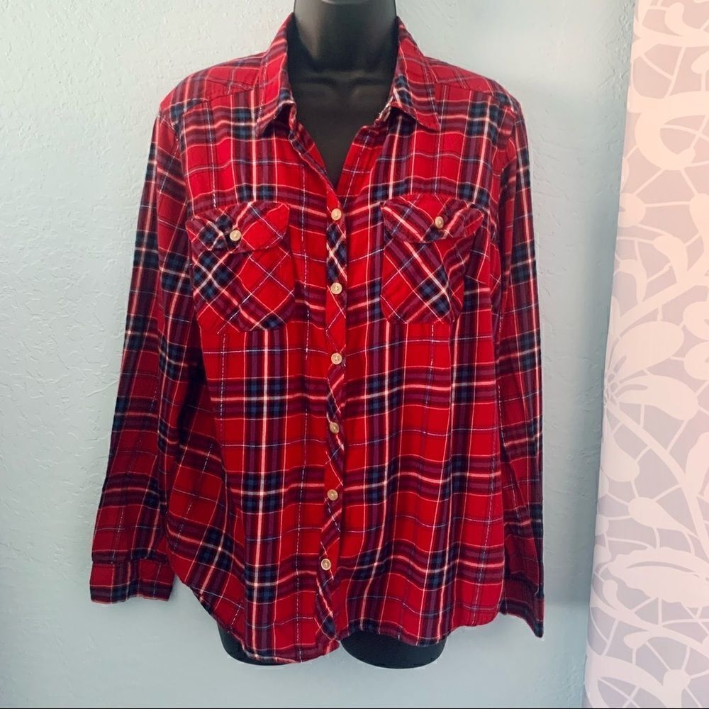 Croft & Barrow Red Plaid Flannel Shirt Size Large